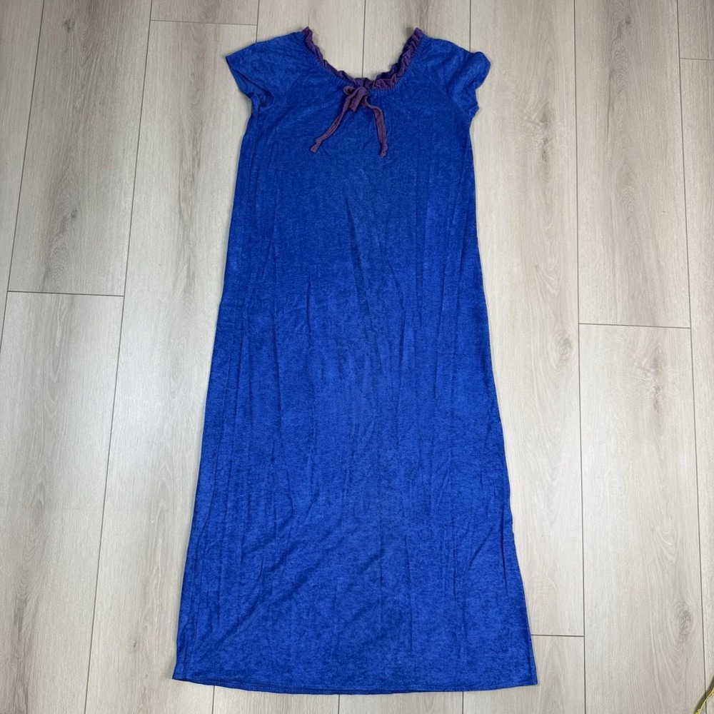 VTG Sears House Dress Women's L Blue Purple Tie Neck Made USA 80s Robe Nightgown - Picture 2 of 9